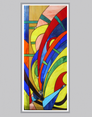 A abstract art stained glass panel by Casa Loma Art Glass.