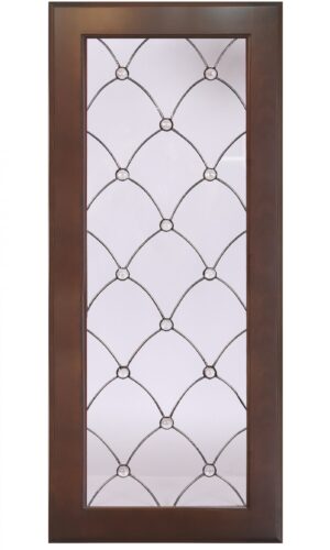 Venezzia wood-framed door with art glass, curved lattice, and circular accents at each intersection.