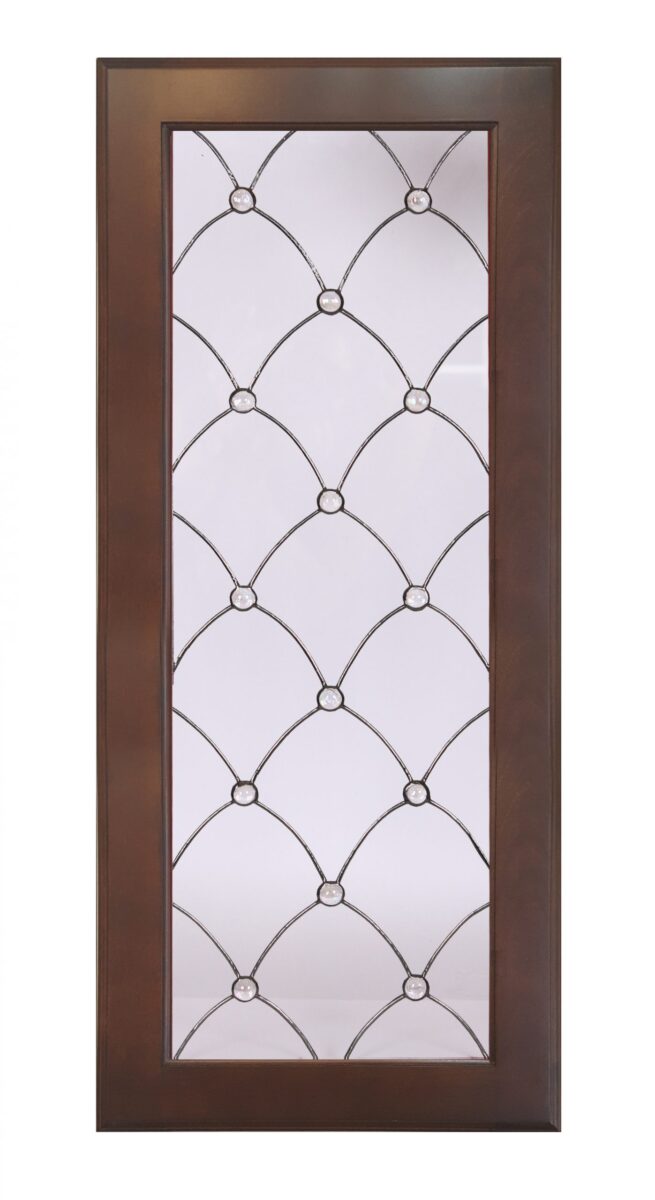 Venezzia wood-framed door with art glass, curved lattice, and circular accents at each intersection.