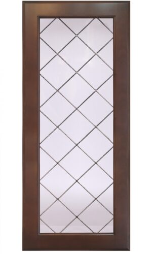 Apollo rectangular wooden door with large art glass insert and diamond grid pattern.