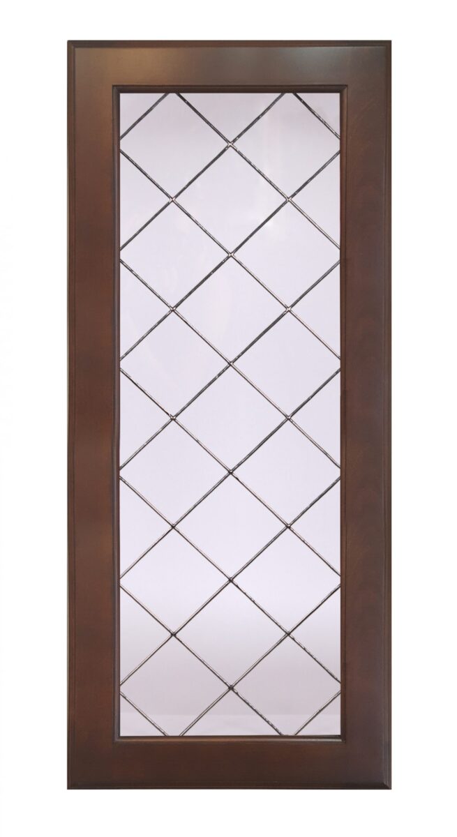 Apollo rectangular wooden door with large art glass insert and diamond grid pattern.