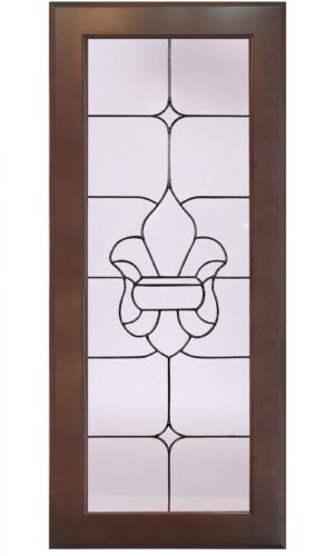 Fleur De Lis rectangular wood door with custom glass insert featuring a black leaded fleur-de-lis design.