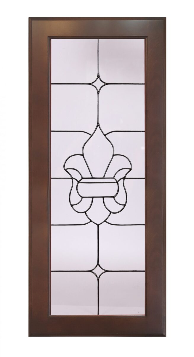 Fleur De Lis rectangular wood door with custom glass insert featuring a black leaded fleur-de-lis design.