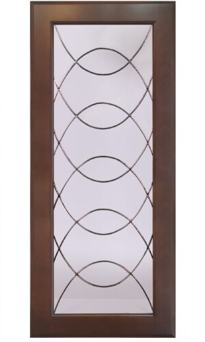 Brown wooden door with clear glass panel, featuring Rio’s geometric curved metal grid cabinet glass insert design.