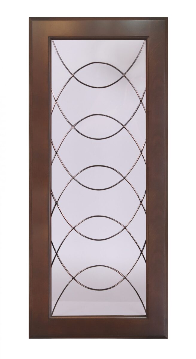 Brown wooden door with clear glass panel, featuring Rio’s geometric curved metal grid cabinet glass insert design.