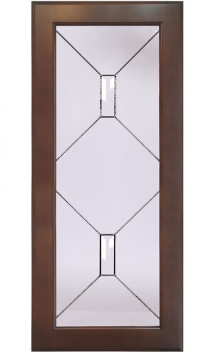 Astoria: Brown door with decorative geometric glass panel and three rectangular beveled glass accents.