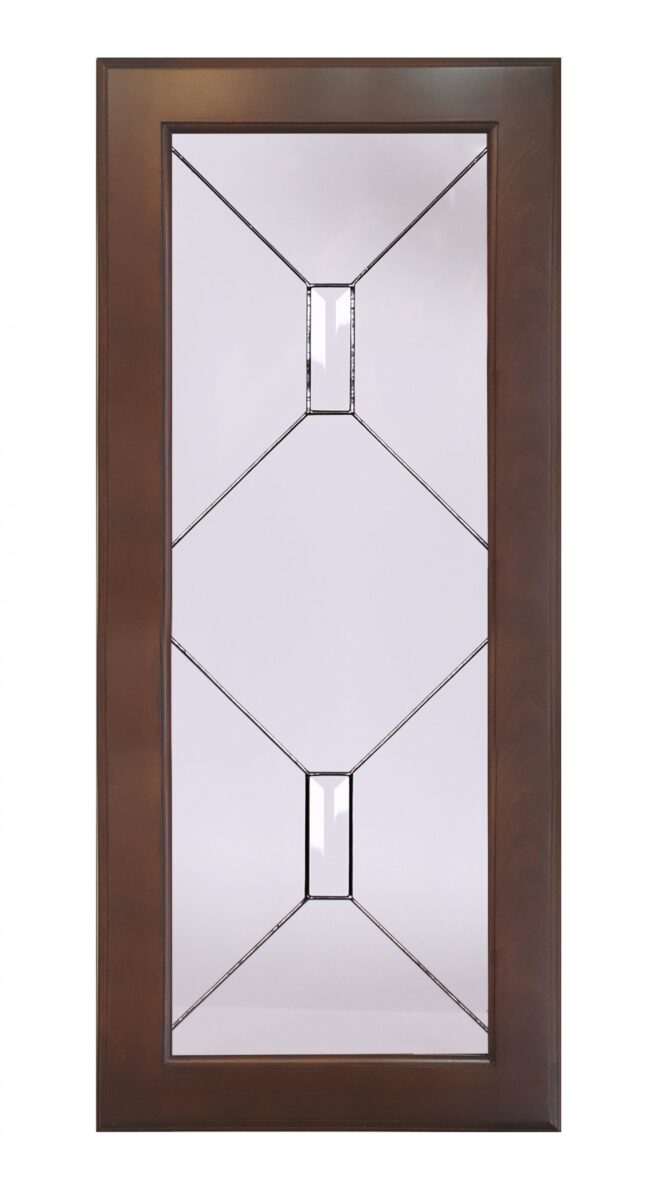 Astoria: Brown door with decorative geometric glass panel and three rectangular beveled glass accents.
