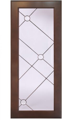 Firenze wooden door with custom glass insert, geometric metal design, and three circular accents.