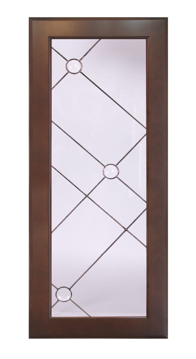 Firenze wooden door with custom glass insert, geometric metal design, and three circular accents.