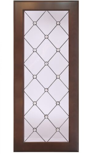 Savannah wood-framed glass door with diamond grid and art glass, featuring small circular accents.