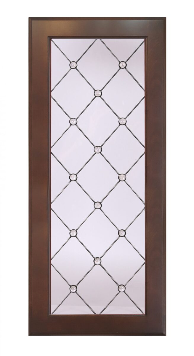 Savannah wood-framed glass door with diamond grid and art glass, featuring small circular accents.