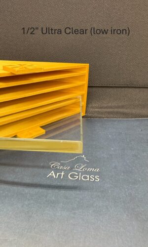 1/2″ Thick Ultra Clear Glass Shelf - Tempered, polished by Casa Loma Art Glass; clear glass info displayed behind.