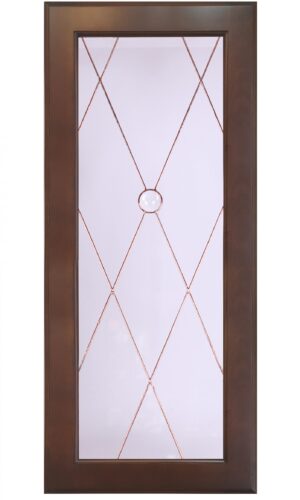 Aurora door: rectangular wood design with custom glass, diamond grid, and central round glass accent.