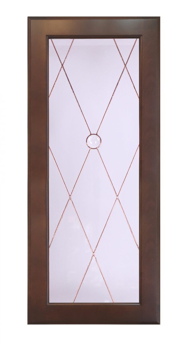 Aurora door: rectangular wood design with custom glass, diamond grid, and central round glass accent.