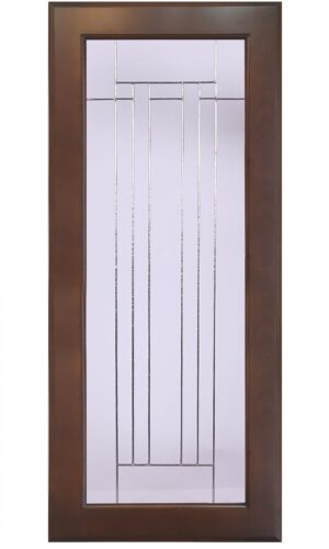 Arts & Crafts wooden door with a bold glass insert featuring geometric vertical and horizontal line designs.
