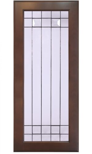 Traditional wood-framed glass door with a geometric grid pattern and classic cabinet glass insert design.