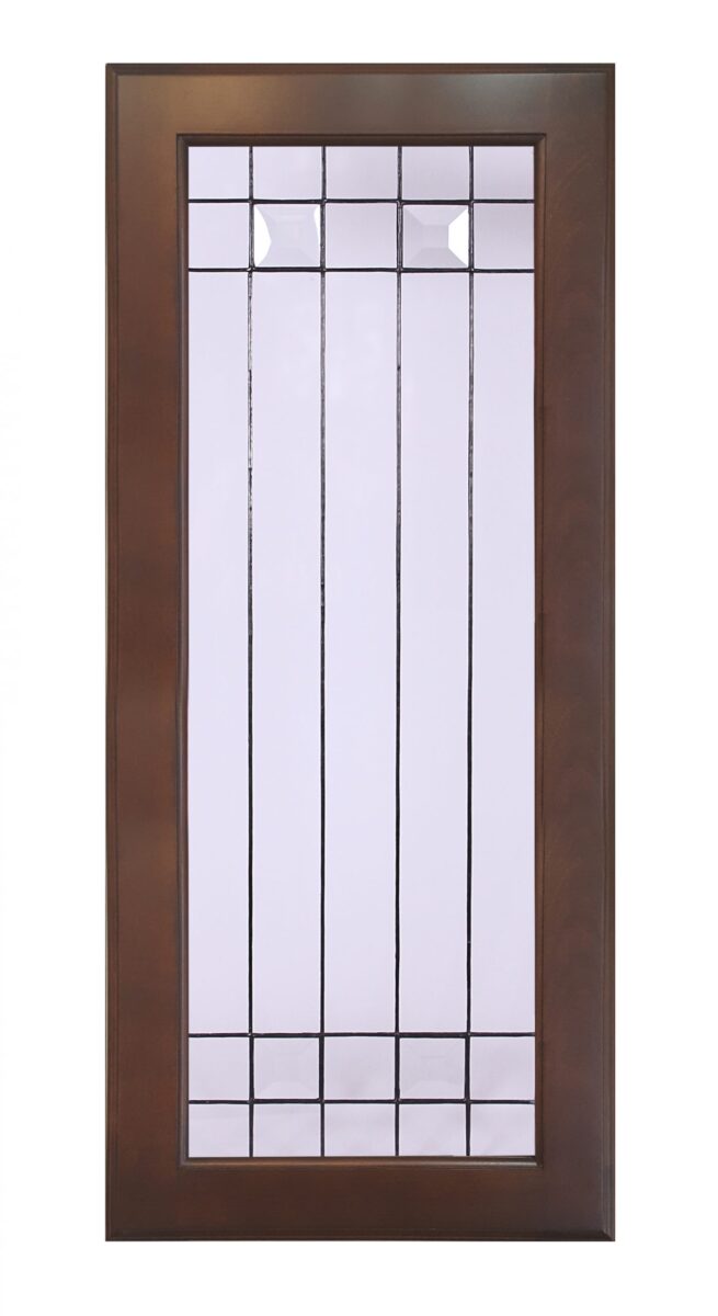 Traditional wood-framed glass door with a geometric grid pattern and classic cabinet glass insert design.