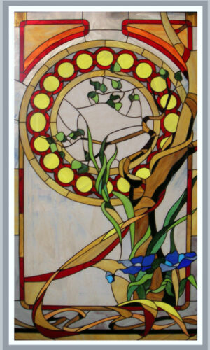 Abstract Tree: Stained glass window with red, yellow circles, green vines, brown branches & blue flowers pattern.