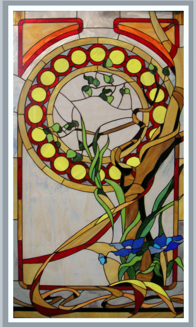 Abstract Tree: Stained glass window with red, yellow circles, green vines, brown branches & blue flowers pattern.
