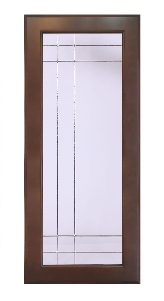 Brown door with Melrose glass insert, featuring a large frosted panel and minimalist lines.