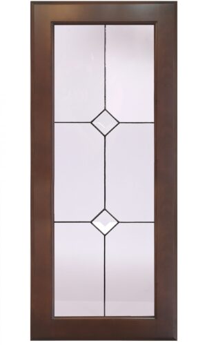 Rhombus wooden-framed glass door with art glass insert featuring geometric diamond-shaped patterns.