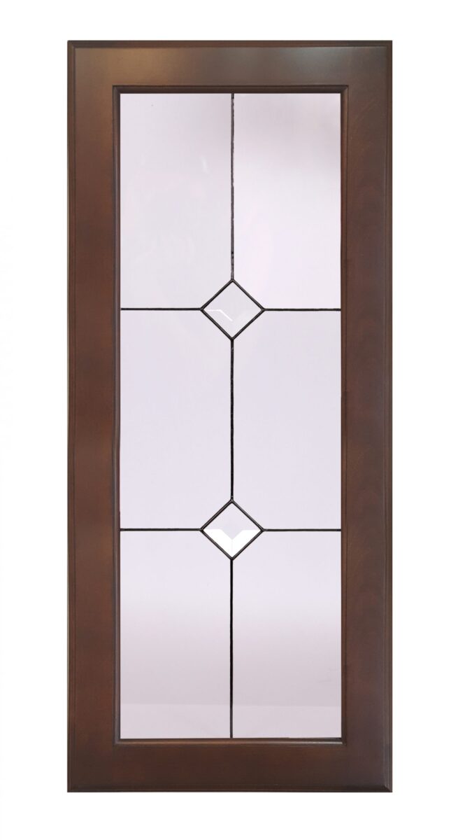 Rhombus wooden-framed glass door with art glass insert featuring geometric diamond-shaped patterns.