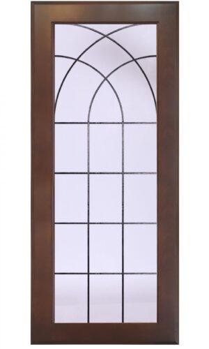 Salisbury cabinet glass: rectangular wood frame, arched grid design, bold black lines.