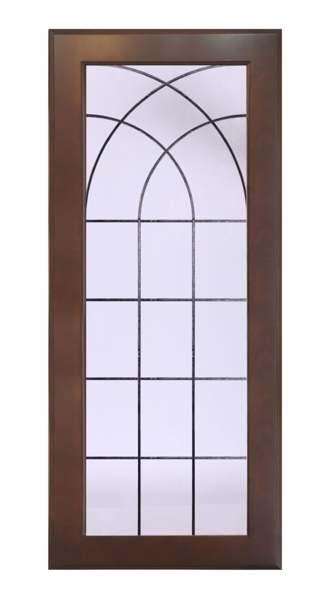 Salisbury cabinet glass: rectangular wood frame, arched grid design, bold black lines.