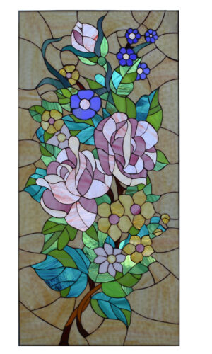 Stained Glass Flowers Window with pink, purple, blue & yellow blooms on beige, accented by lush green leaves.