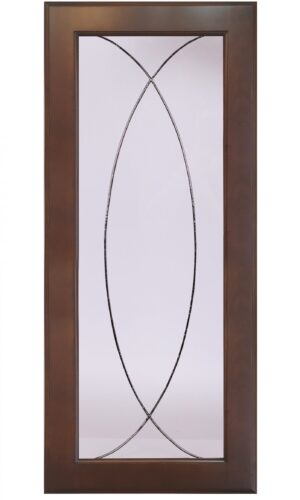 Rectangular wood door with Da Vinci glass insert featuring an oval metal design on a frosted center panel.