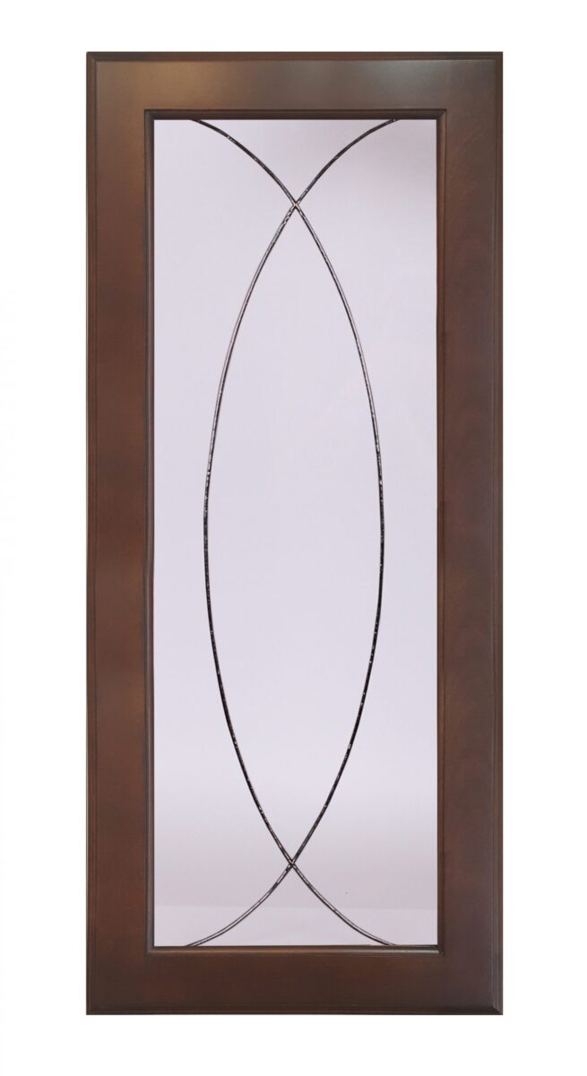 Rectangular wood door with Da Vinci glass insert featuring an oval metal design on a frosted center panel.