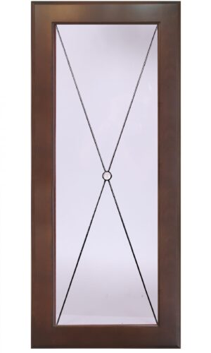 Chester door: Rectangular wood frame, cabinet glass, circular accent, four black diagonal X lines.