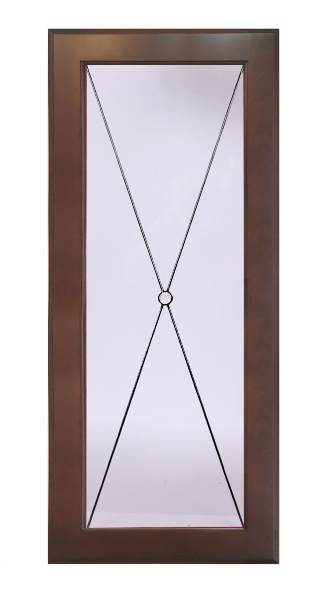 Chester door: Rectangular wood frame, cabinet glass, circular accent, four black diagonal X lines.