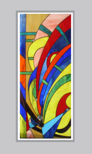 Abstract Art Stained Glass 2 features curved and angular blue, red, yellow, green, and orange stained glass shapes.