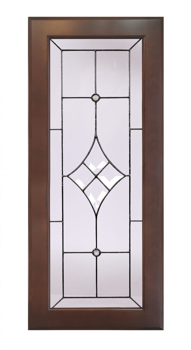 Classico: Wood-framed glass door featuring a geometric stained pattern, perfect as an elegant cabinet insert.