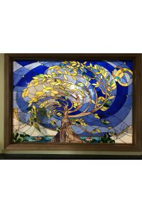 Custom Stained Glass Window Swirling Tree features glowing yellow leaves with blue sky and scenic landscape background.
