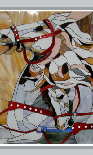 Art Insert Stained Glass Horse features two horses in motion, accented with red bridles and vibrant stylized colors.