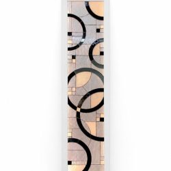 Tall rectangular stained glass panel with abstract circular patterns in black, beige, and frosted glass sections.