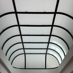 Curved glass ceiling with black grid framework, viewed from below in a modern, minimalistic building interior.