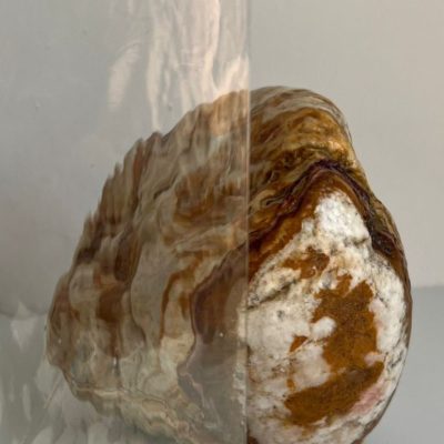 A textured stone is partially obscured by a clear, rippled glass panel with the Casa Loma Art Glass logo in the corner.