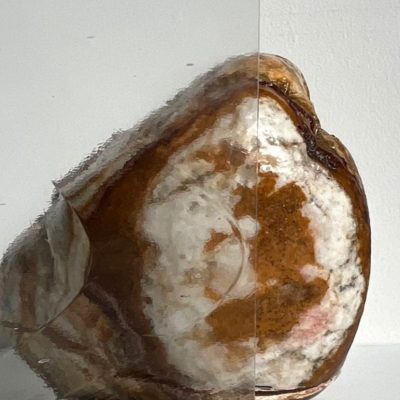 A large round object, possibly a stone or mineral, is partly viewed through a clear, glossy vertical panel.
