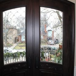 Dark wooden double doors with glass panels showing a view of a suburban street with houses and trees outside.