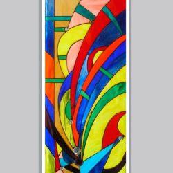 Stained glass artwork with abstract geometric shapes in red, yellow, blue, green, and orange against a gray background.